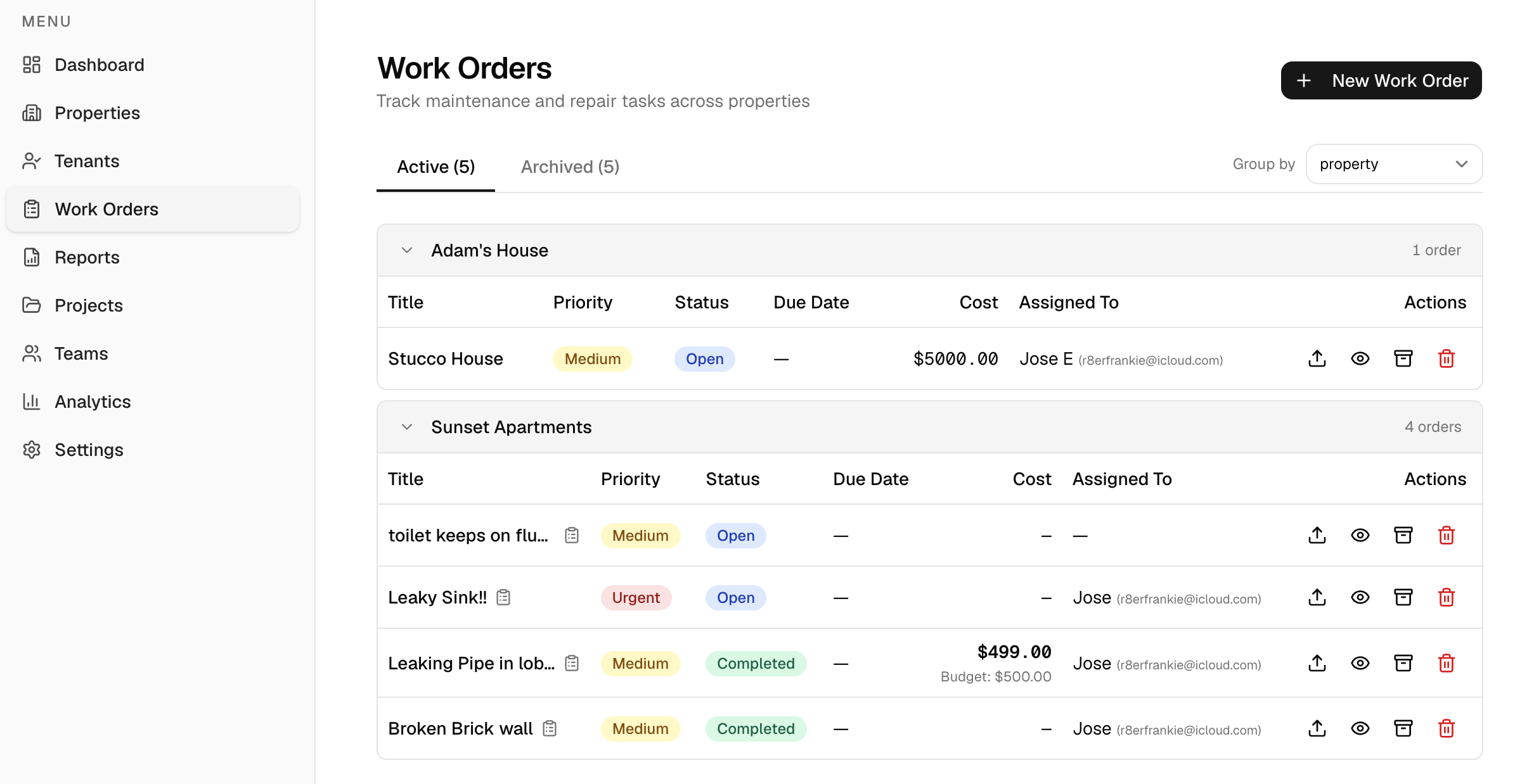 Landlord work orders dashboard