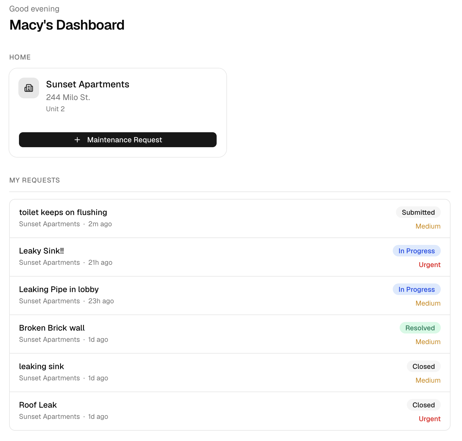 Tenant maintenance request dashboard